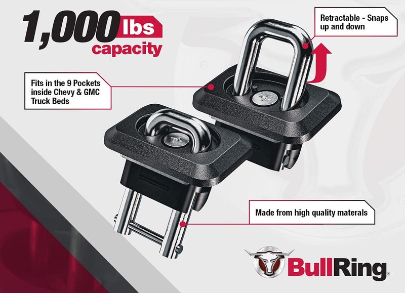 Bull Ring Inner Bed Retractable Truck Bed Tie Down Anchors, Built for 2007+ Chevy Silverado & GMC Sierra, 2015+Chevy Colorado&GMC Canyon. Mounts in Truck Bed Stake Pockets, Easy Installation (1 Pair) - Image 4